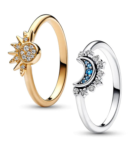 Celestial Blue Sparkling Moon And Sun Rings